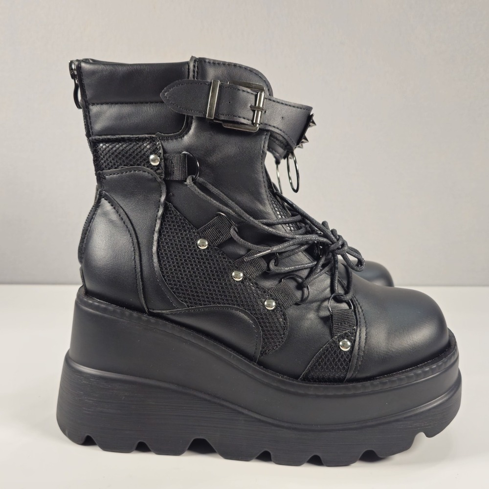 Women's Black Goth Platform Wedge Ankle Boots Lace Up EU 38 US 7.5 - Picture 3 of 7